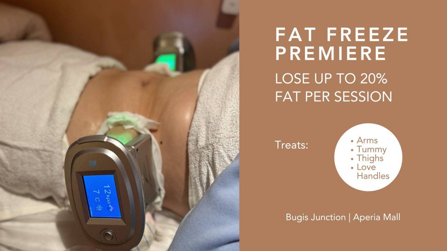 Applicator attached to the abdomen during a Fat Freezing Treatment session